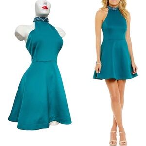 NWT Teeze Me Dress Cocktail Turquoise Halter Flapped Size S
